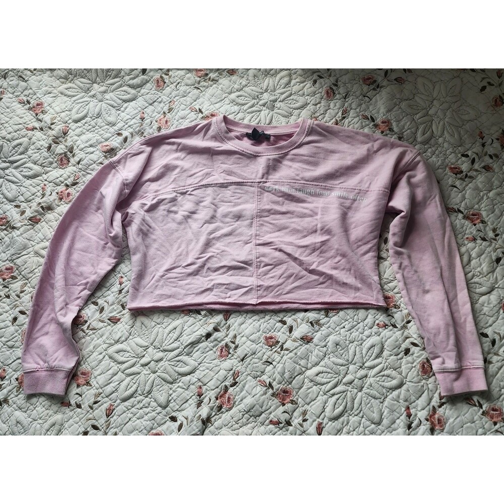 Primark Pink Cropped Sweatshirt Womens Size XS Raw Hem Graphic Crew Neck LongSle